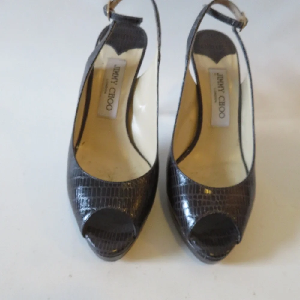 Jimmy Choo Dark Brown Croc-Embossed Peep-Toe Slingback Pumps
